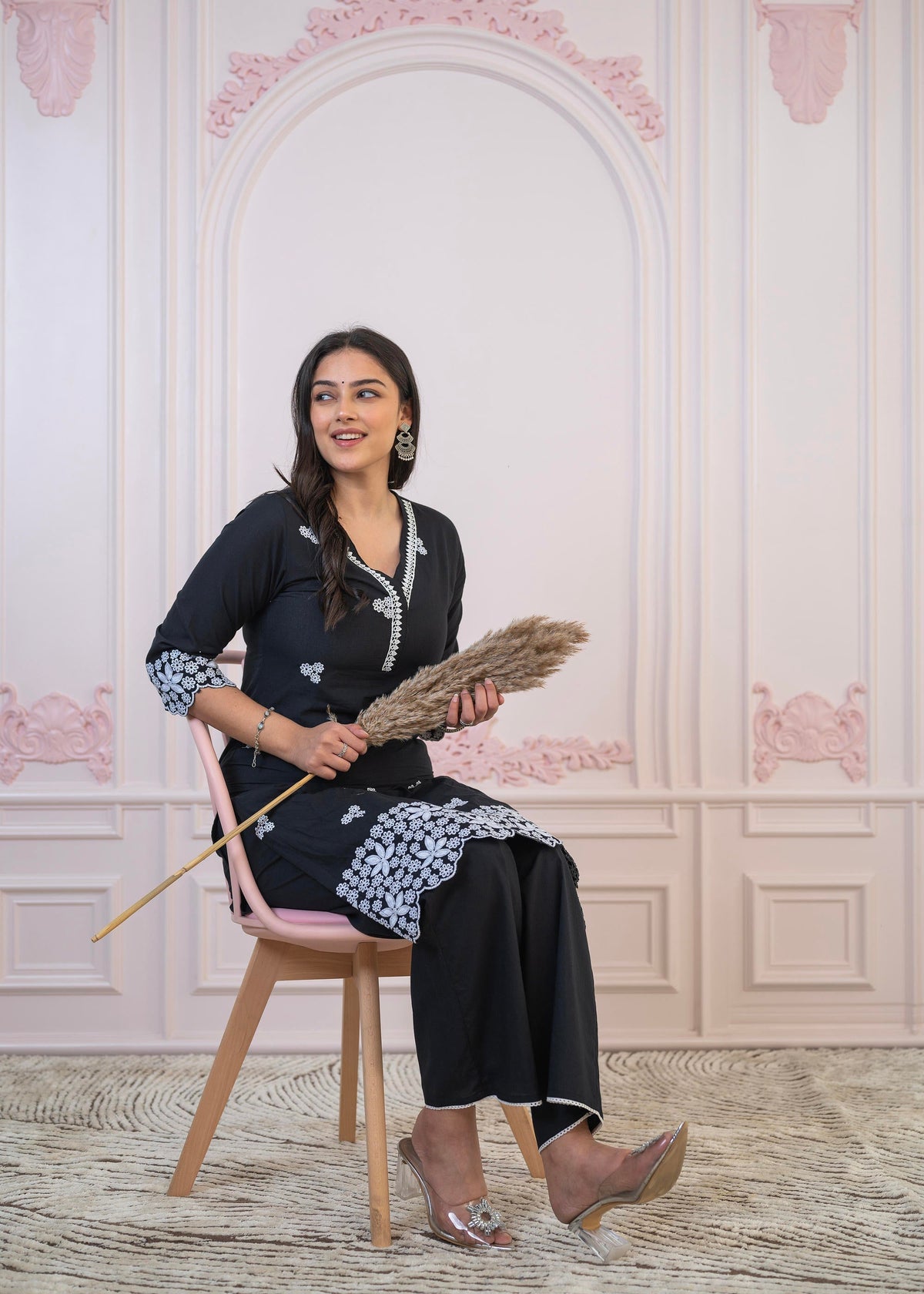 Juniper Black Floral Embroidered Cotton Slub Kurta With Palazzo & Lace