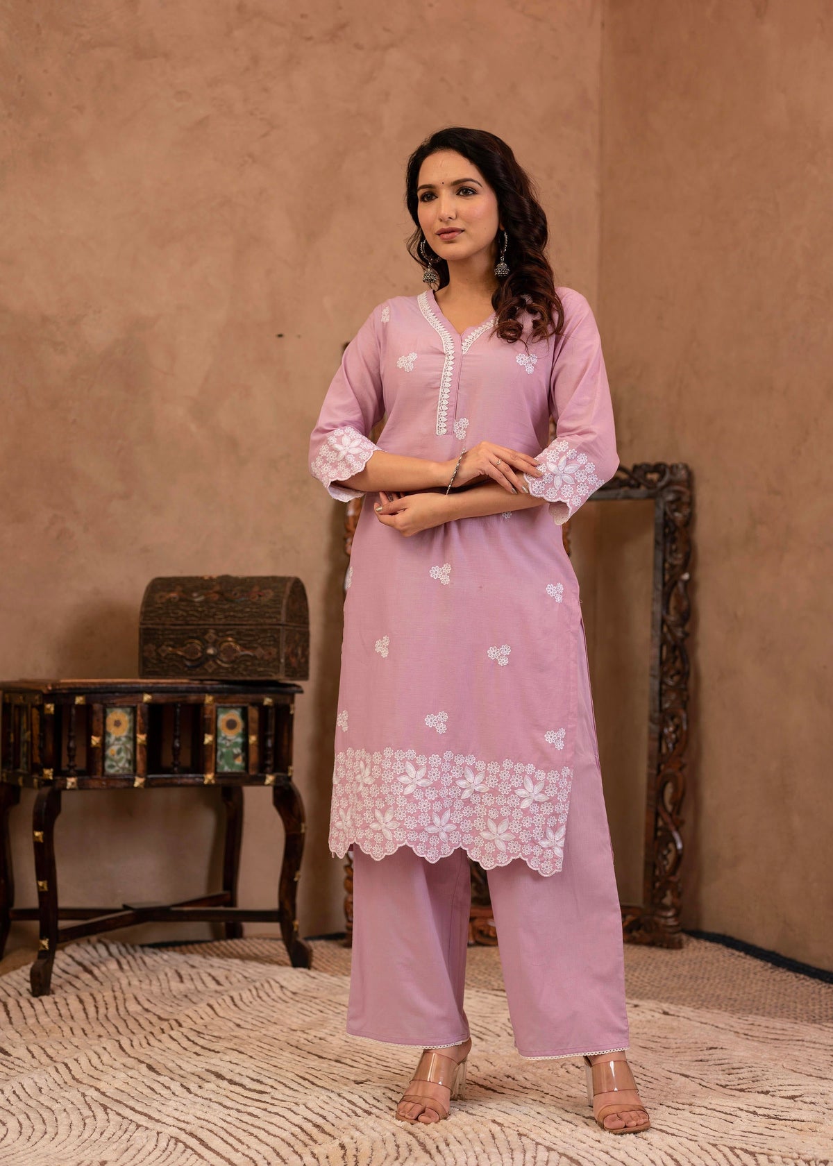 Juniper Lavender Floral Embroidered Cotton Kurta With Palazzo & Lace Work
