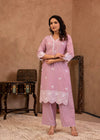 Juniper Lavender Floral Embroidered Cotton Kurta With Palazzo & Lace Work