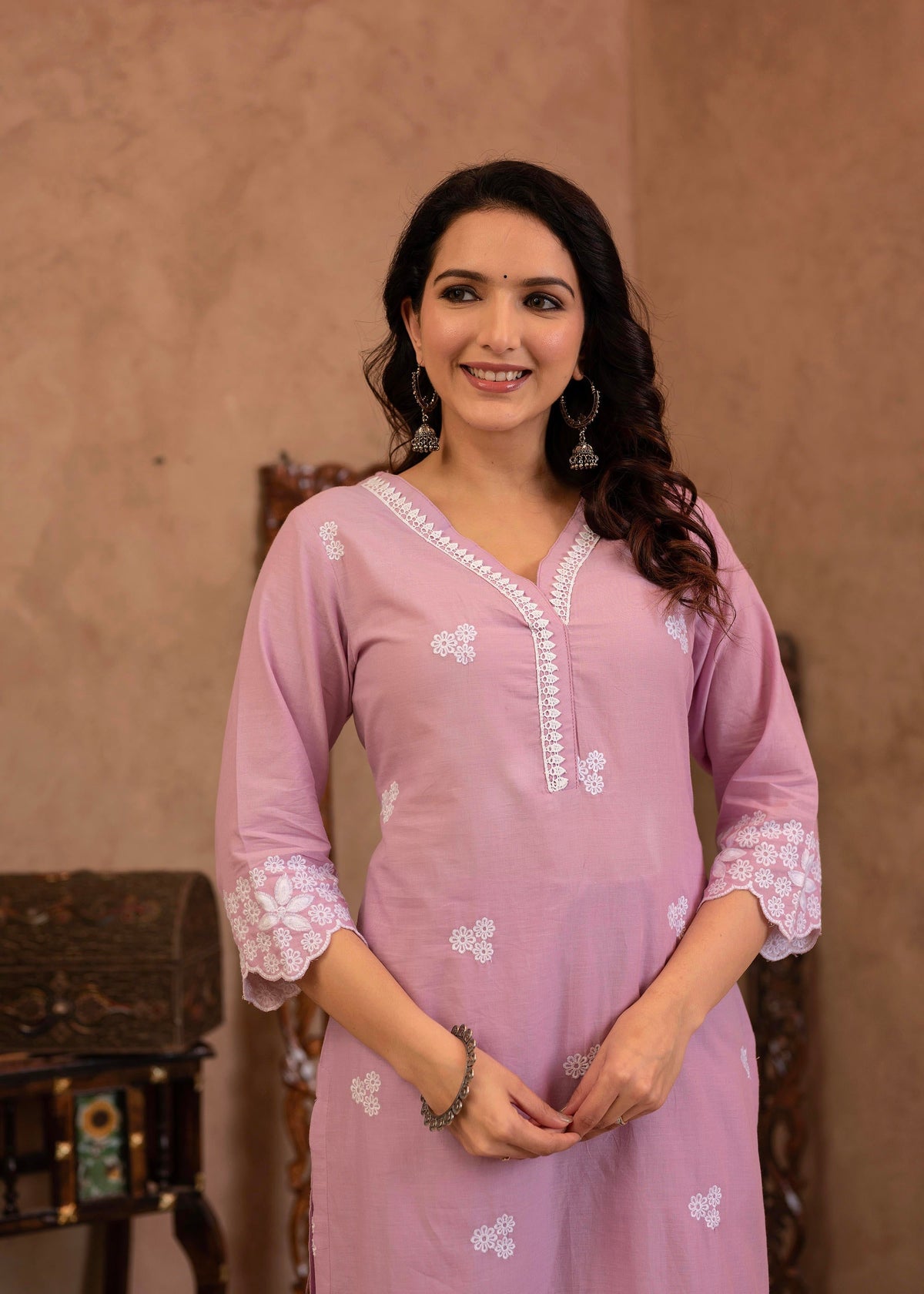 Juniper Lavender Floral Embroidered Cotton Kurta With Palazzo & Lace Work