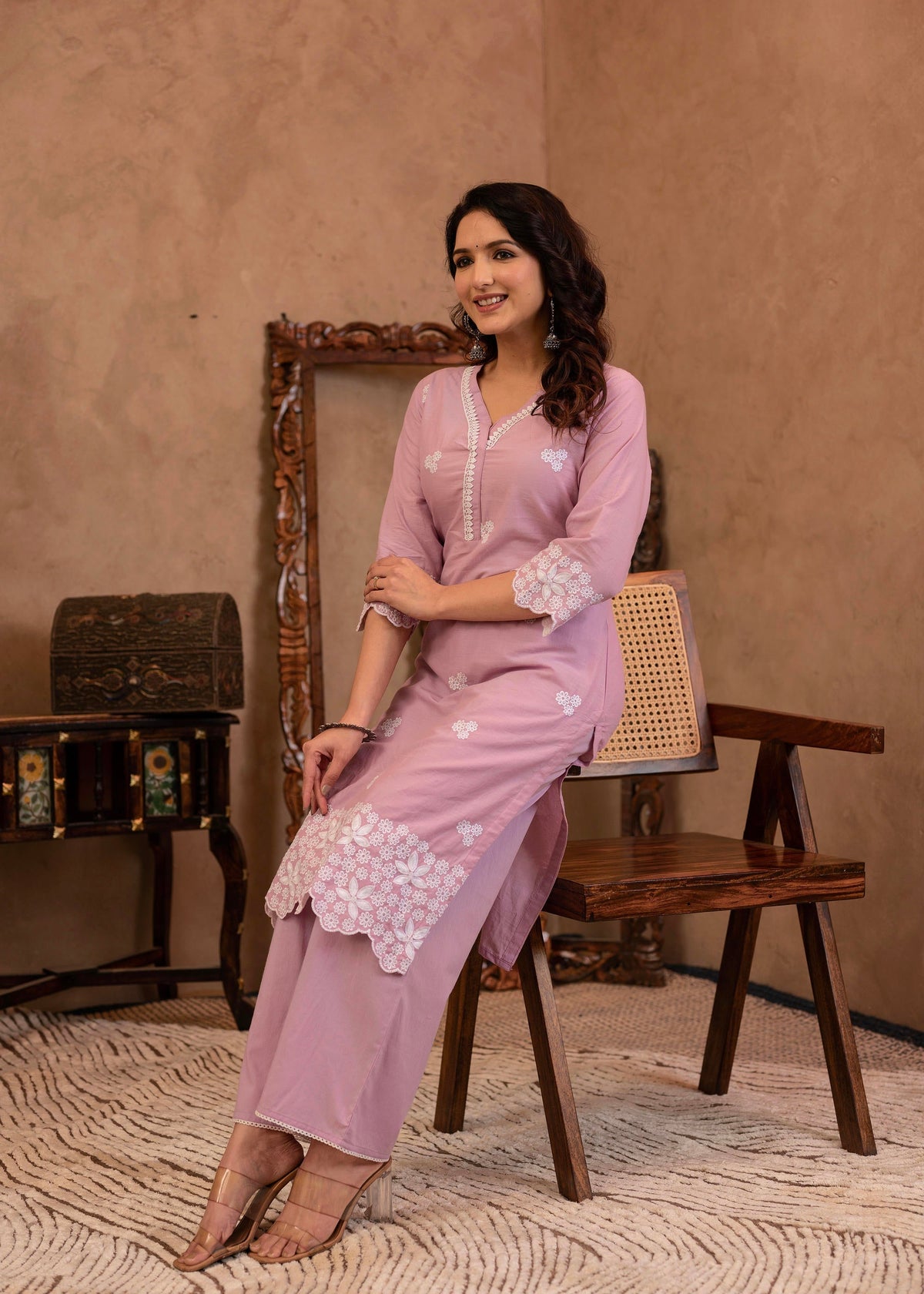 Juniper Lavender Floral Embroidered Cotton Kurta With Palazzo & Lace Work