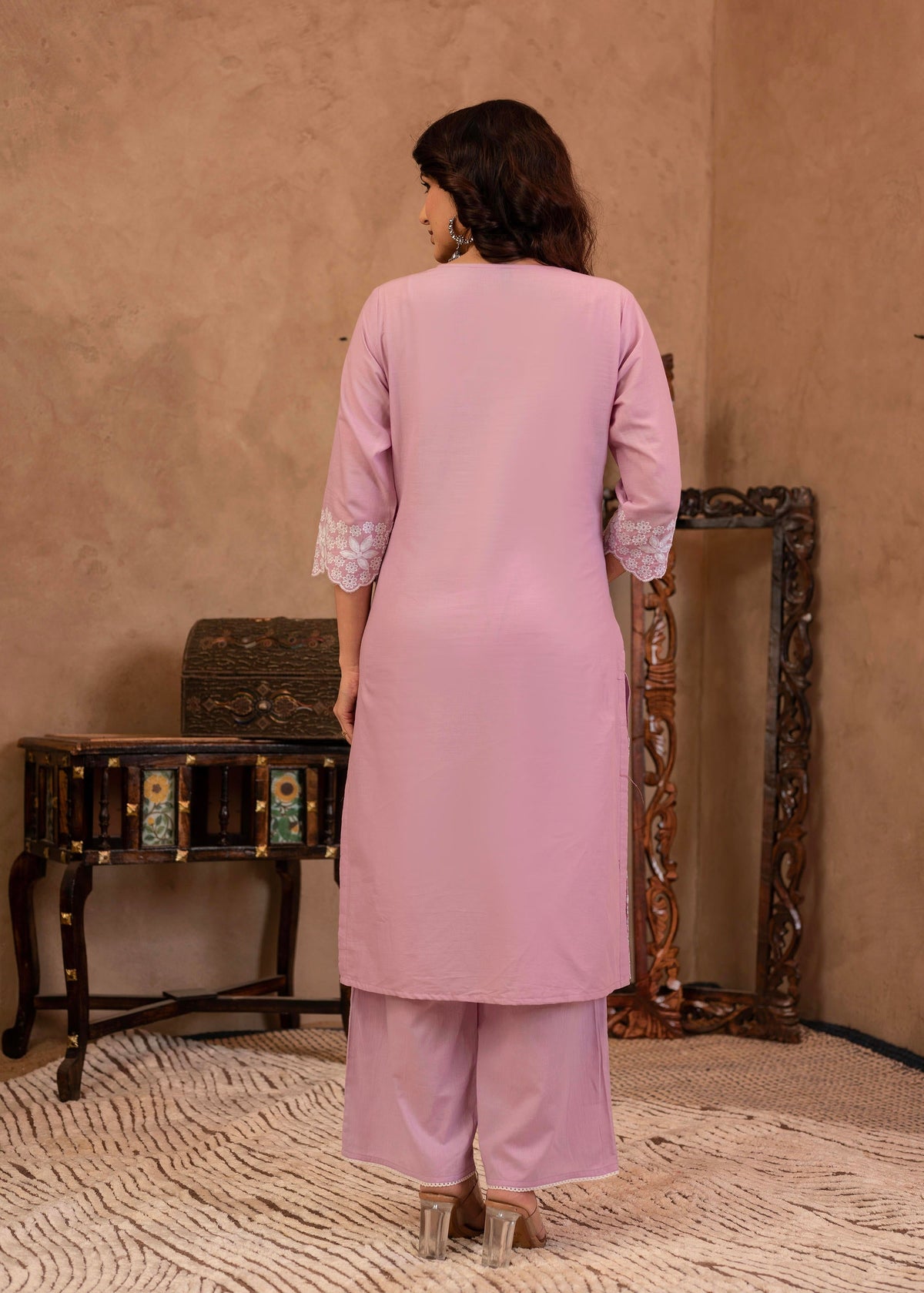 Juniper Lavender Floral Embroidered Cotton Kurta With Palazzo & Lace Work