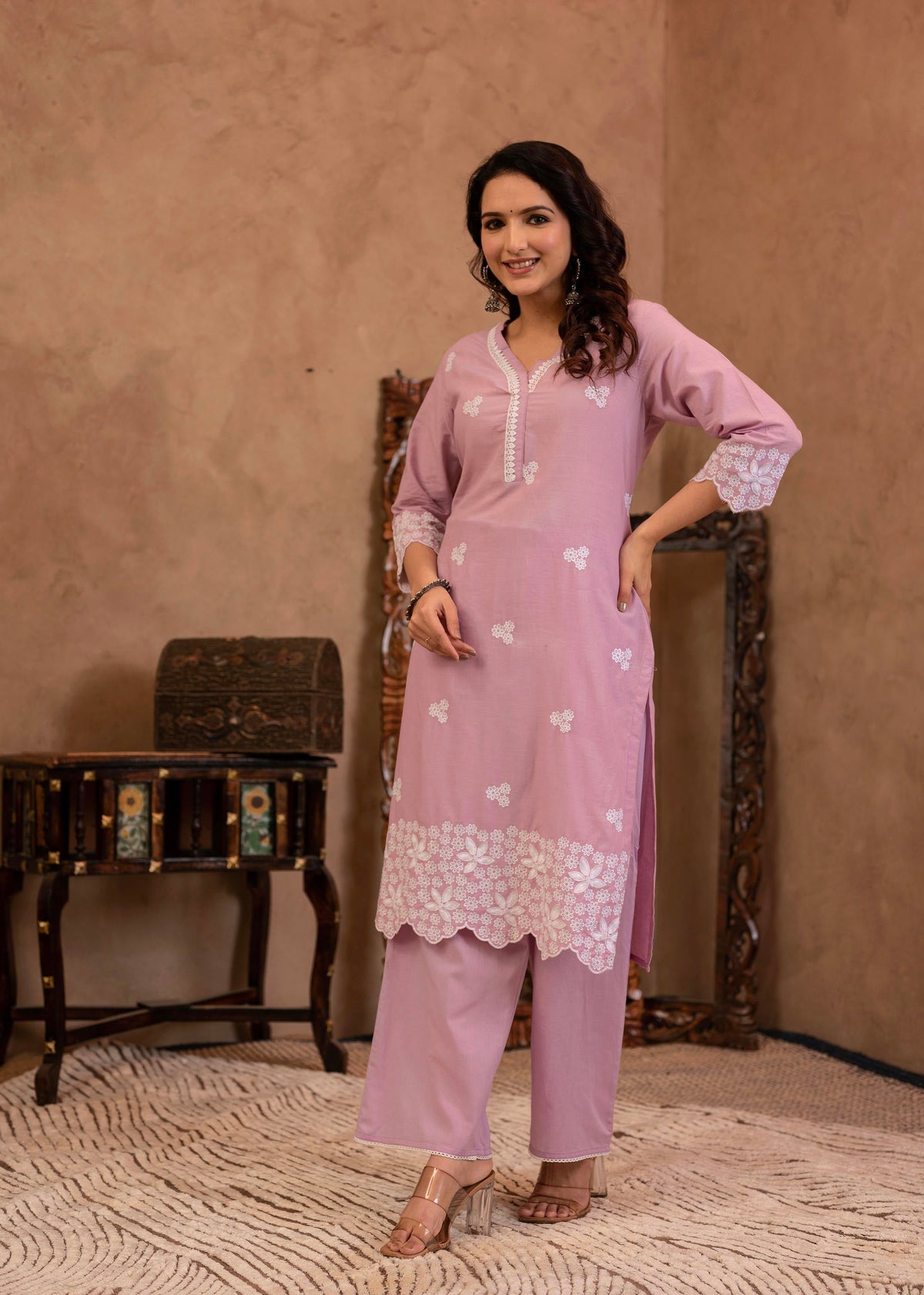 Juniper Lavender Floral Embroidered Cotton Kurta With Palazzo & Lace Work