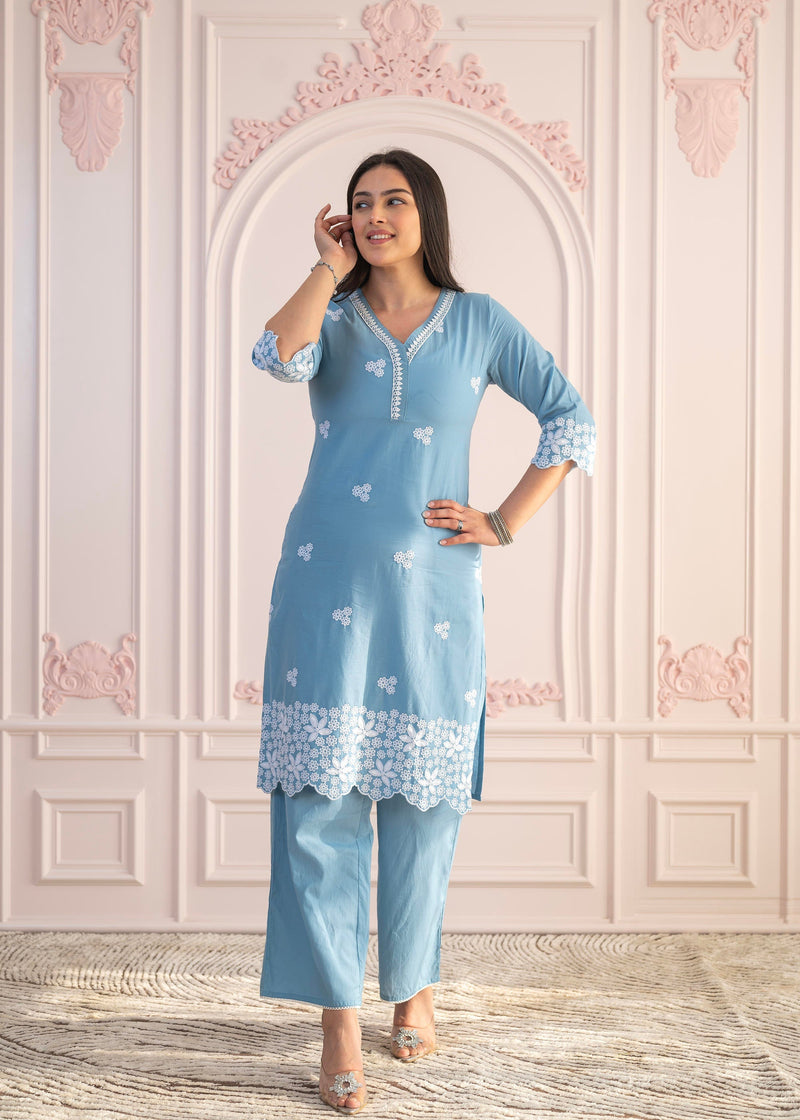 Juniper Powder Blue Embroidered Cotton Kurta With Palazzo & Lace Work