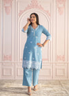 Juniper Powder Blue Embroidered Cotton Kurta With Palazzo & Lace Work