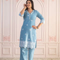 Juniper Powder Blue Embroidered Cotton Kurta With Palazzo & Lace Work