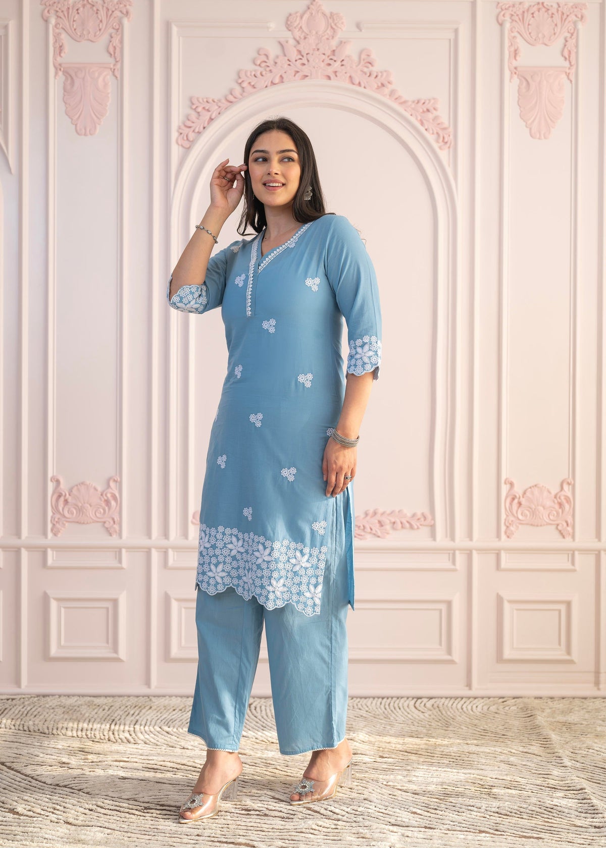 Juniper Powder Blue Embroidered Cotton Kurta With Palazzo & Lace Work