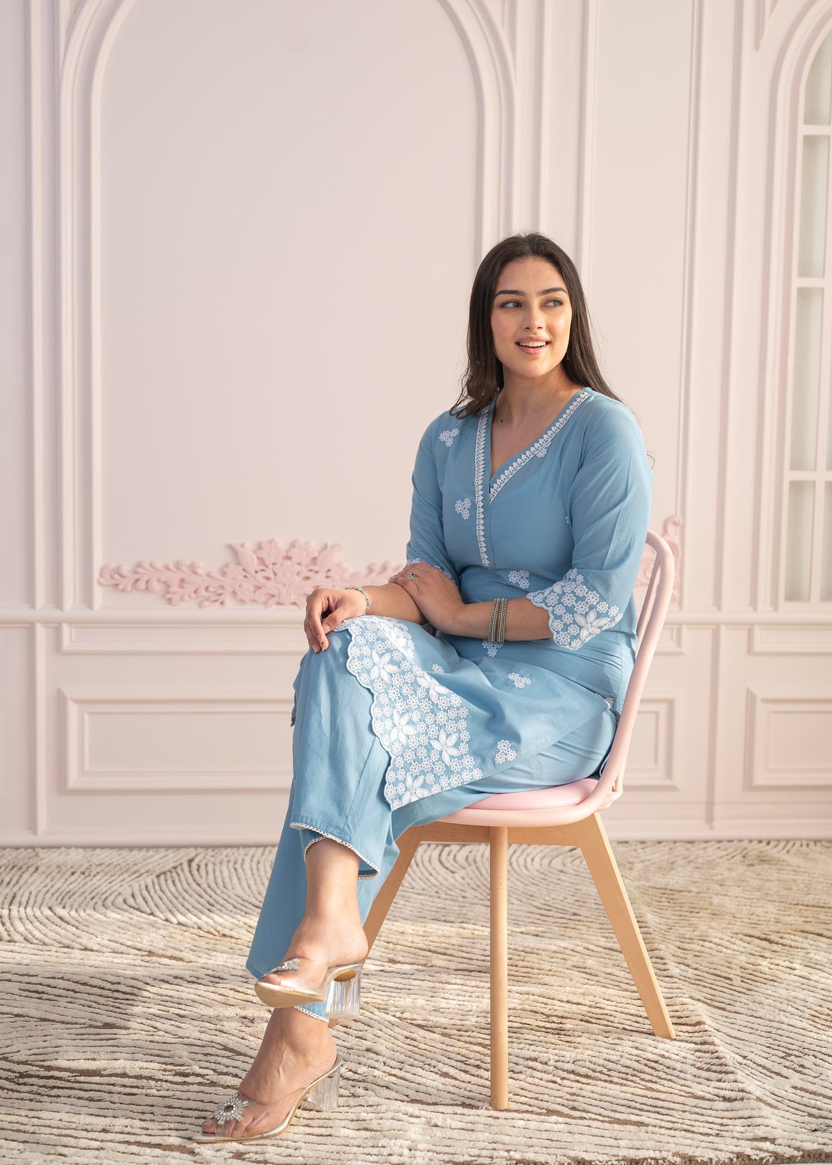 Juniper Powder Blue Embroidered Cotton Kurta With Palazzo & Lace Work