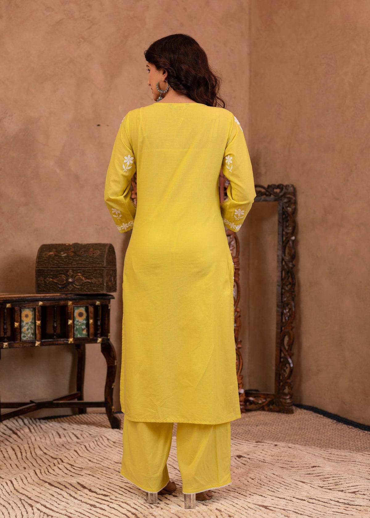 Juniper Lime Yellow Floral Embroidered Cotton Slub Kurta With Palazzo