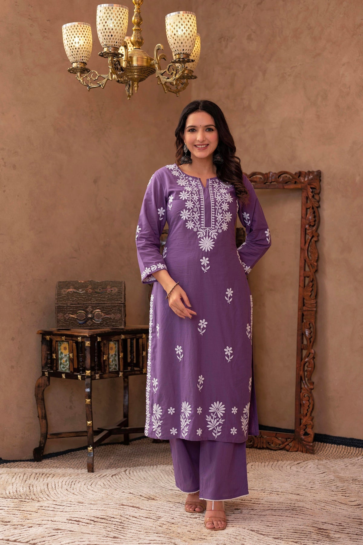 Juniper Purple Embroidered Cotton Kurta With Palazzo