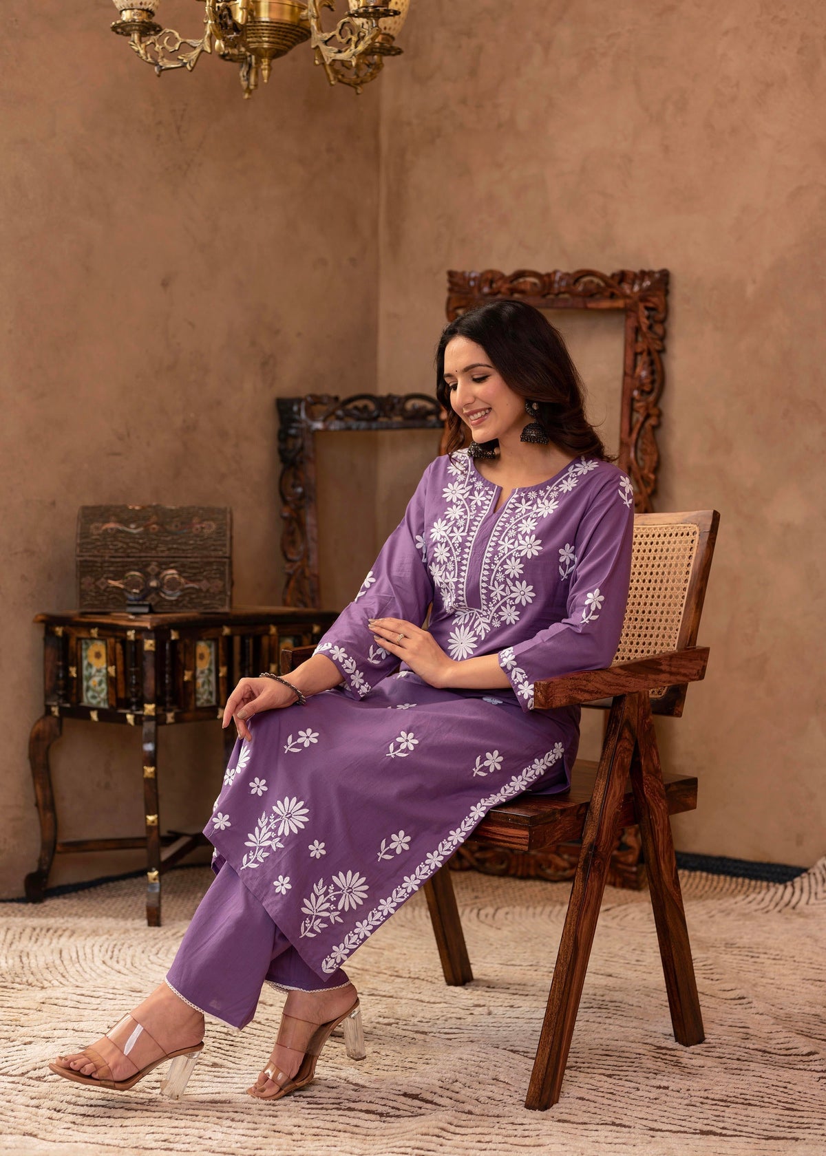 Juniper Purple Embroidered Cotton Kurta With Palazzo