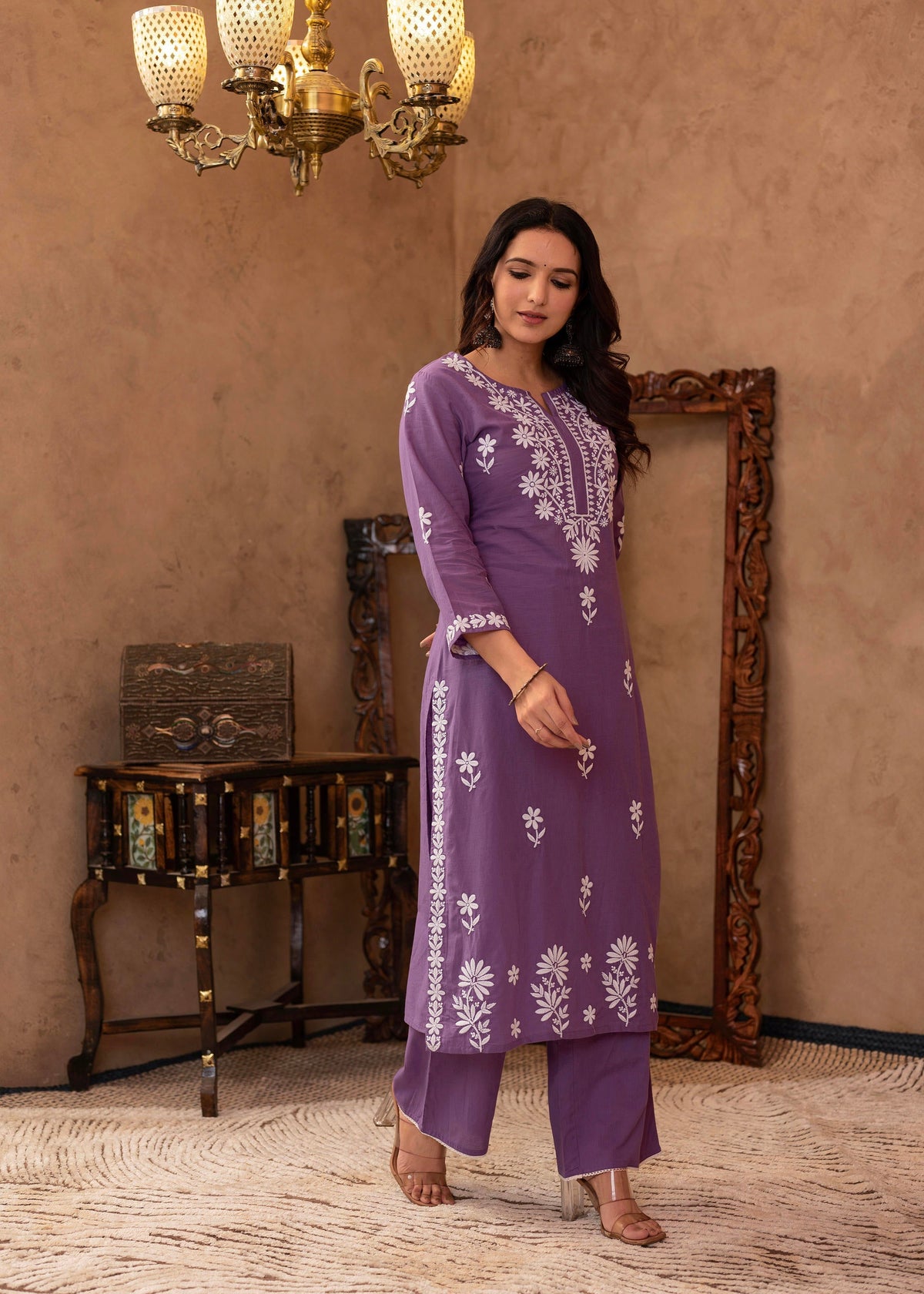 Juniper Purple Embroidered Cotton Kurta With Palazzo