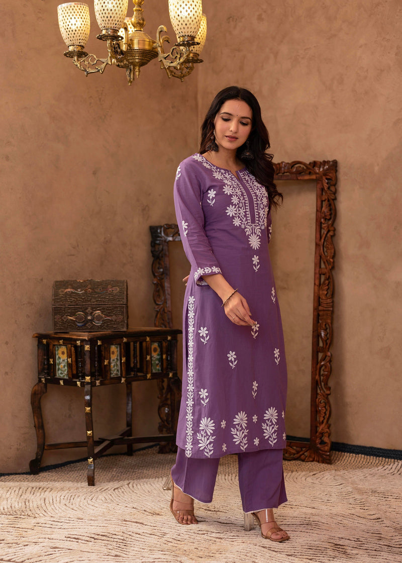 Juniper Purple Embroidered Cotton Kurta With Palazzo