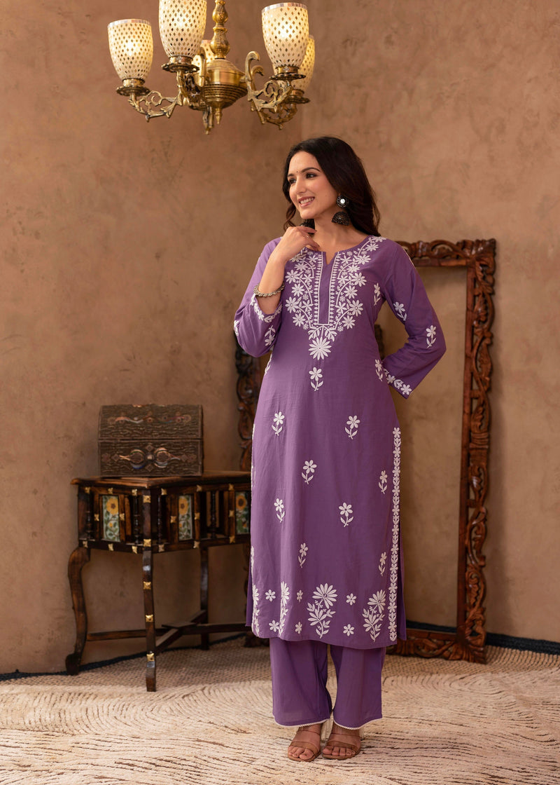 Juniper Purple Embroidered Cotton Kurta With Palazzo