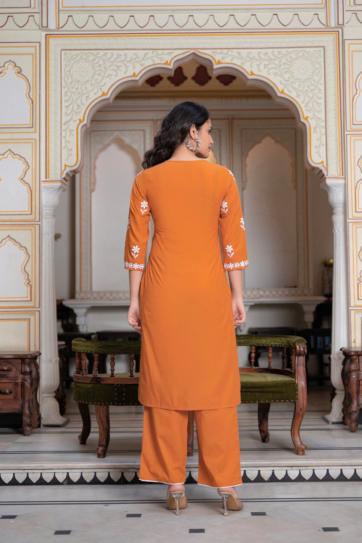 Juniper Rust Embroidered Cotton Kurta With Palazzo