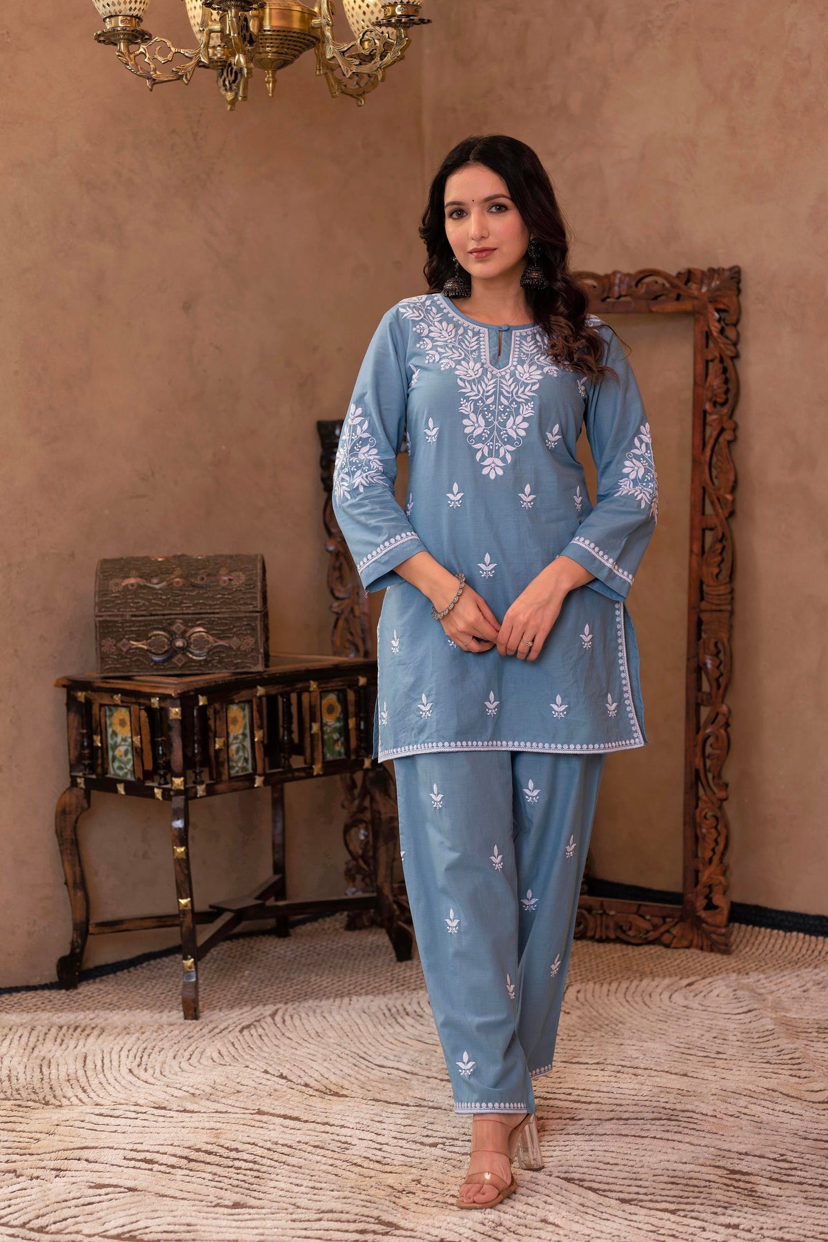 Juniper Blue Embroidered Cotton Slub Kurta With Pant & Button Details