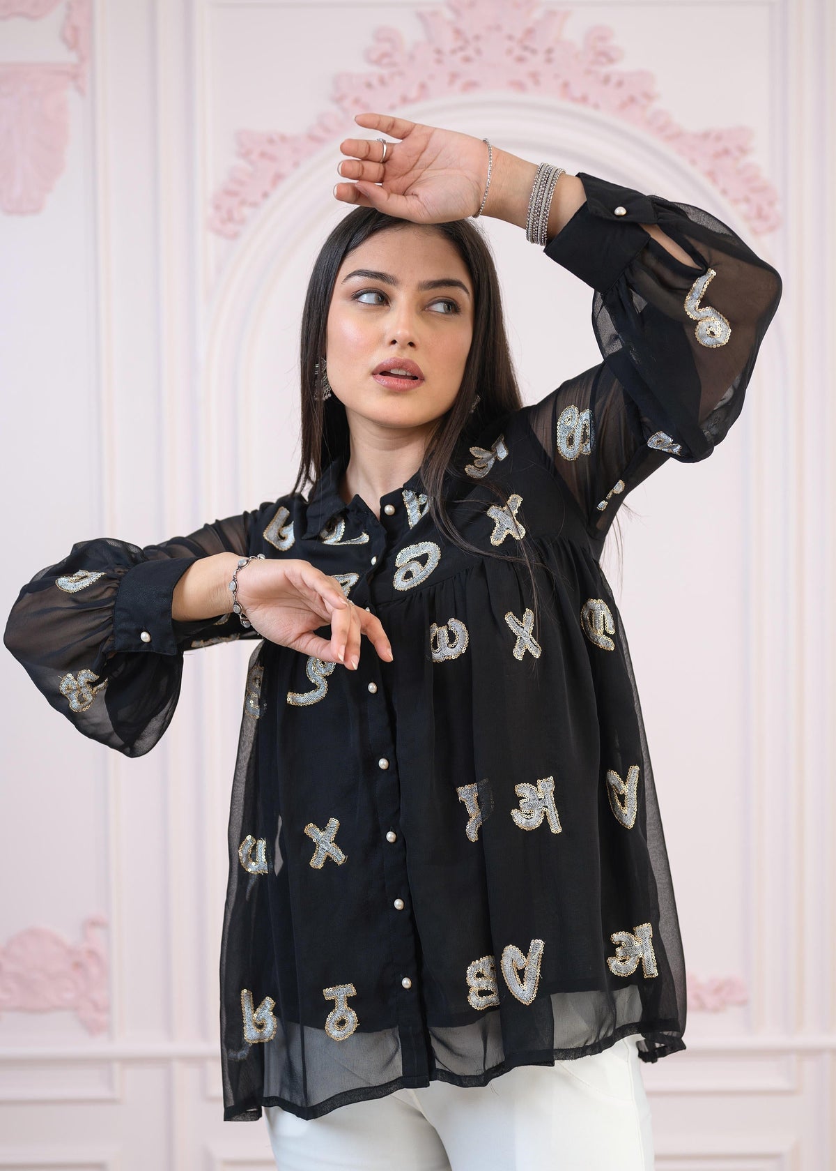 Juniper Black Embroidered And Sequin Tunic With Buttons