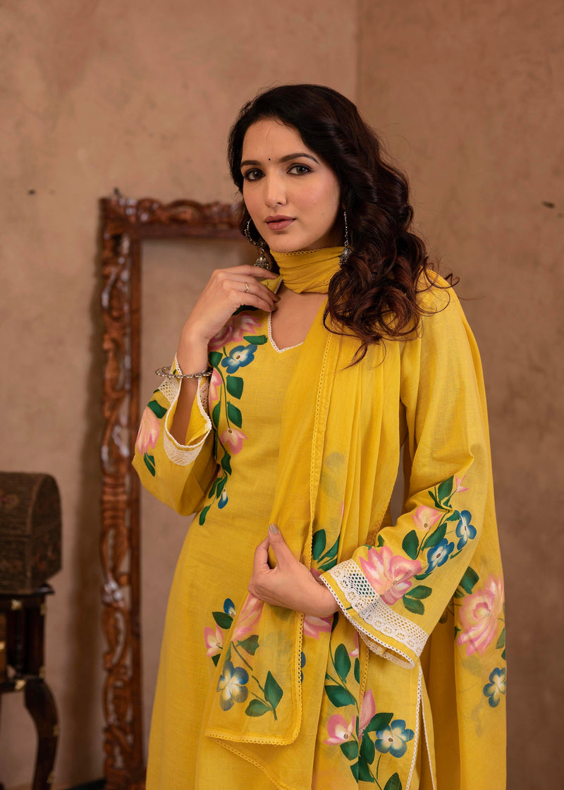 Juniper Yellow Cotton Slub Floral Printed Kurta-Pant & Dupatta Set With Lace Work