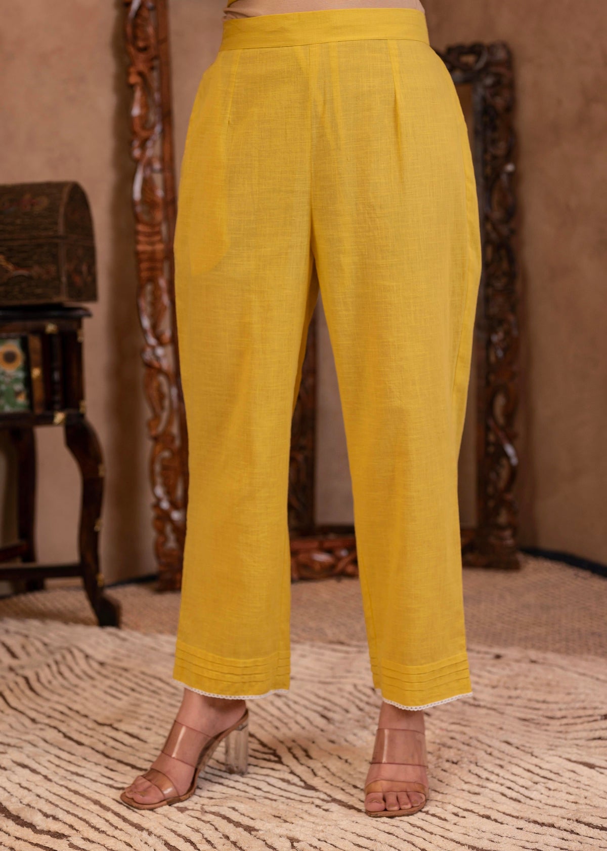 Juniper Yellow Cotton Slub Floral Printed Kurta-Pant & Dupatta Set With Lace Work