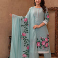Juniper Sky Blue Cotton Slub Floral Printed Kurta-Pant & Dupatta Set With Lace, Thread Work & Button Closure