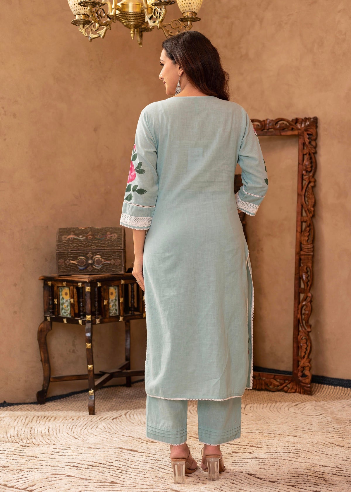 Juniper Sky Blue Cotton Slub Floral Printed Kurta-Pant & Dupatta Set With Lace, Thread Work & Button Closure