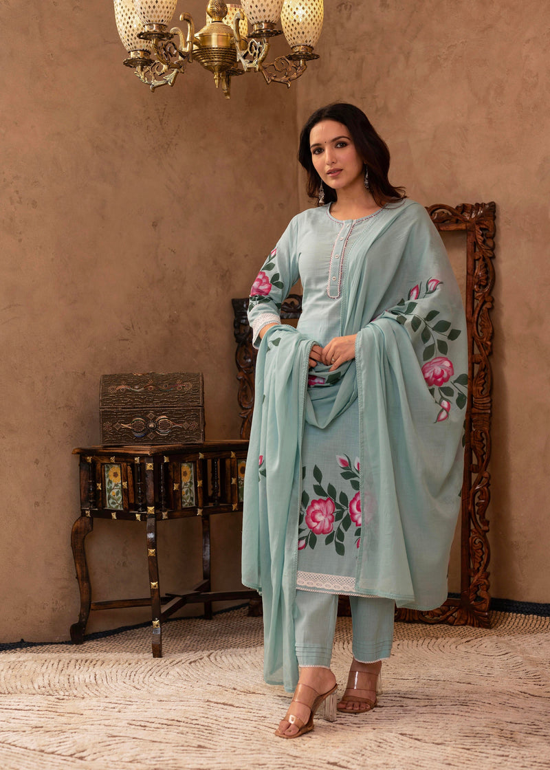 Juniper Sky Blue Cotton Slub Floral Printed Kurta-Pant & Dupatta Set With Lace, Thread Work & Button Closure