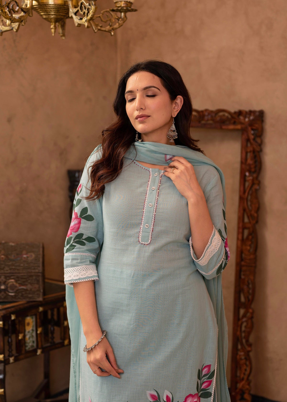 Juniper Sky Blue Cotton Slub Floral Printed Kurta-Pant & Dupatta Set With Lace, Thread Work & Button Closure