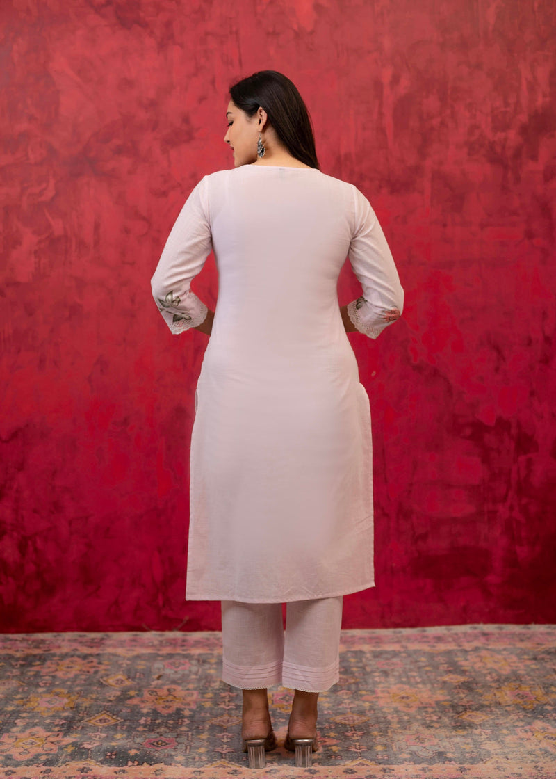 Juniper Lavender Cotton Slub Kurta-Pant Set With Lace Work & Floral Print Dupatta