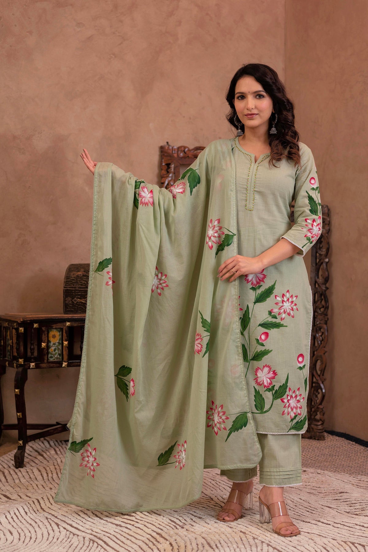 Juniper Mint Cotton Slub Floral Printed Kurta-Pant & Dupatta Set With Lace, Sequins & Bead Work