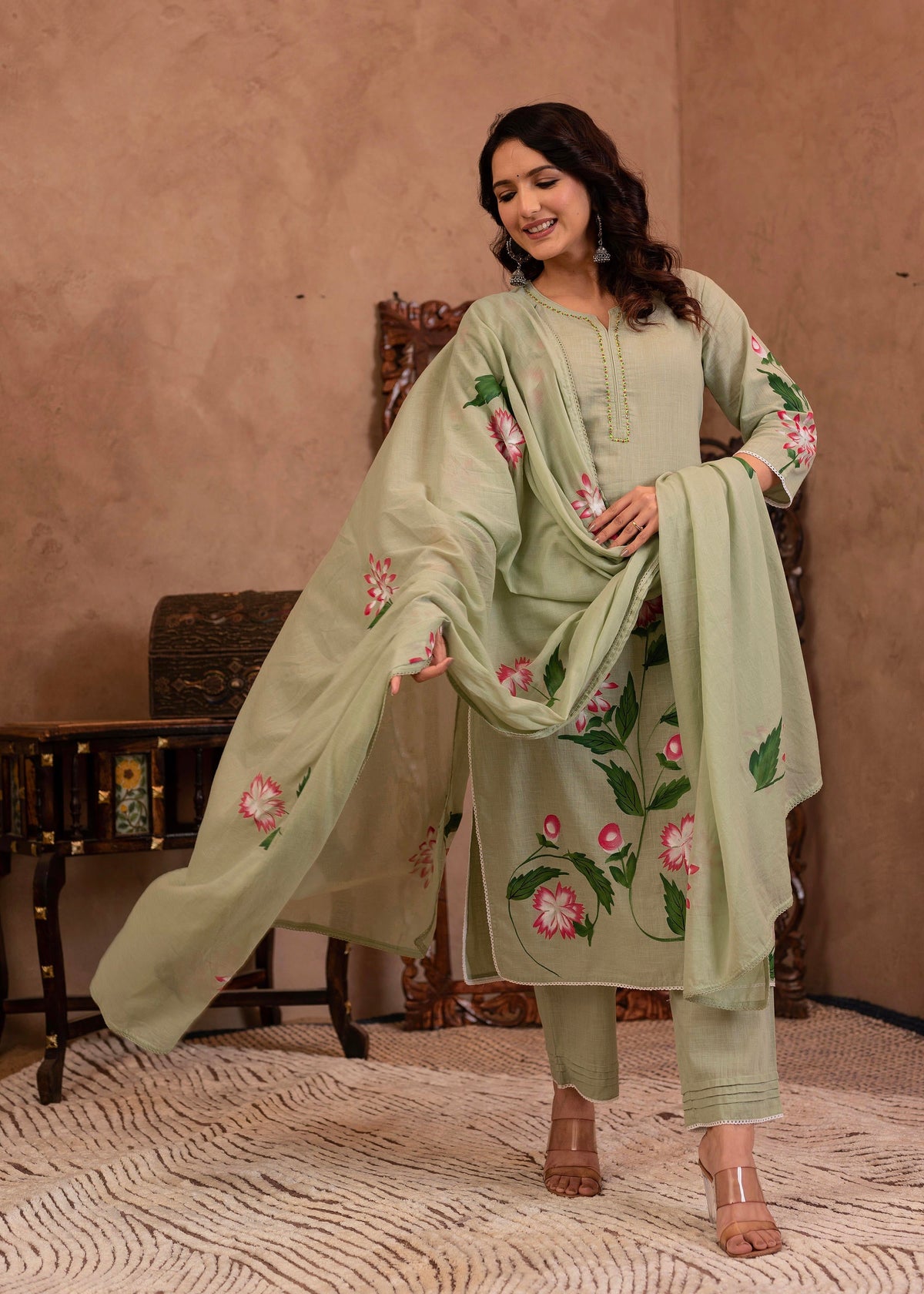 Juniper Mint Cotton Slub Floral Printed Kurta-Pant & Dupatta Set With Lace, Sequins & Bead Work