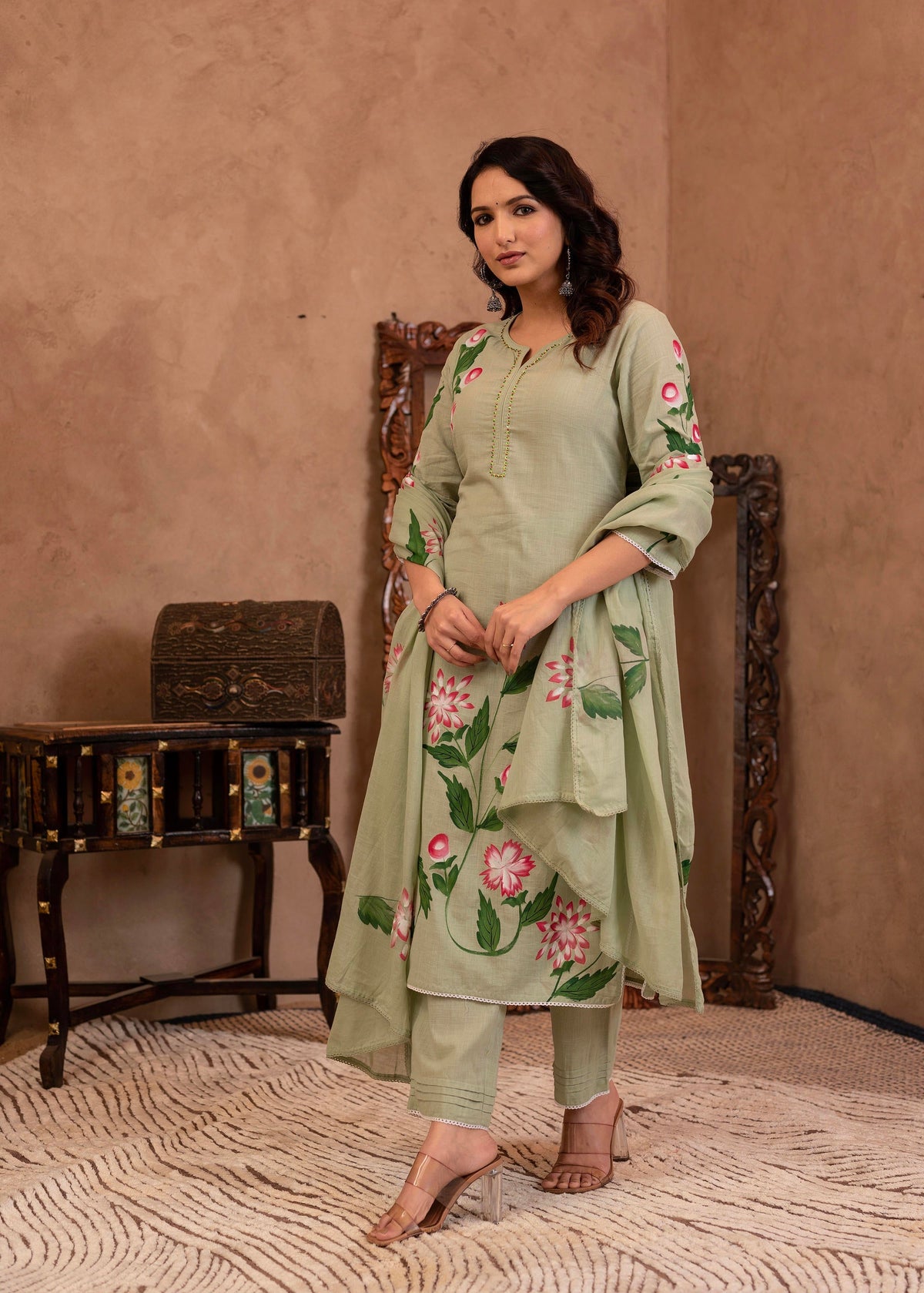 Juniper Mint Cotton Slub Floral Printed Kurta-Pant & Dupatta Set With Lace, Sequins & Bead Work