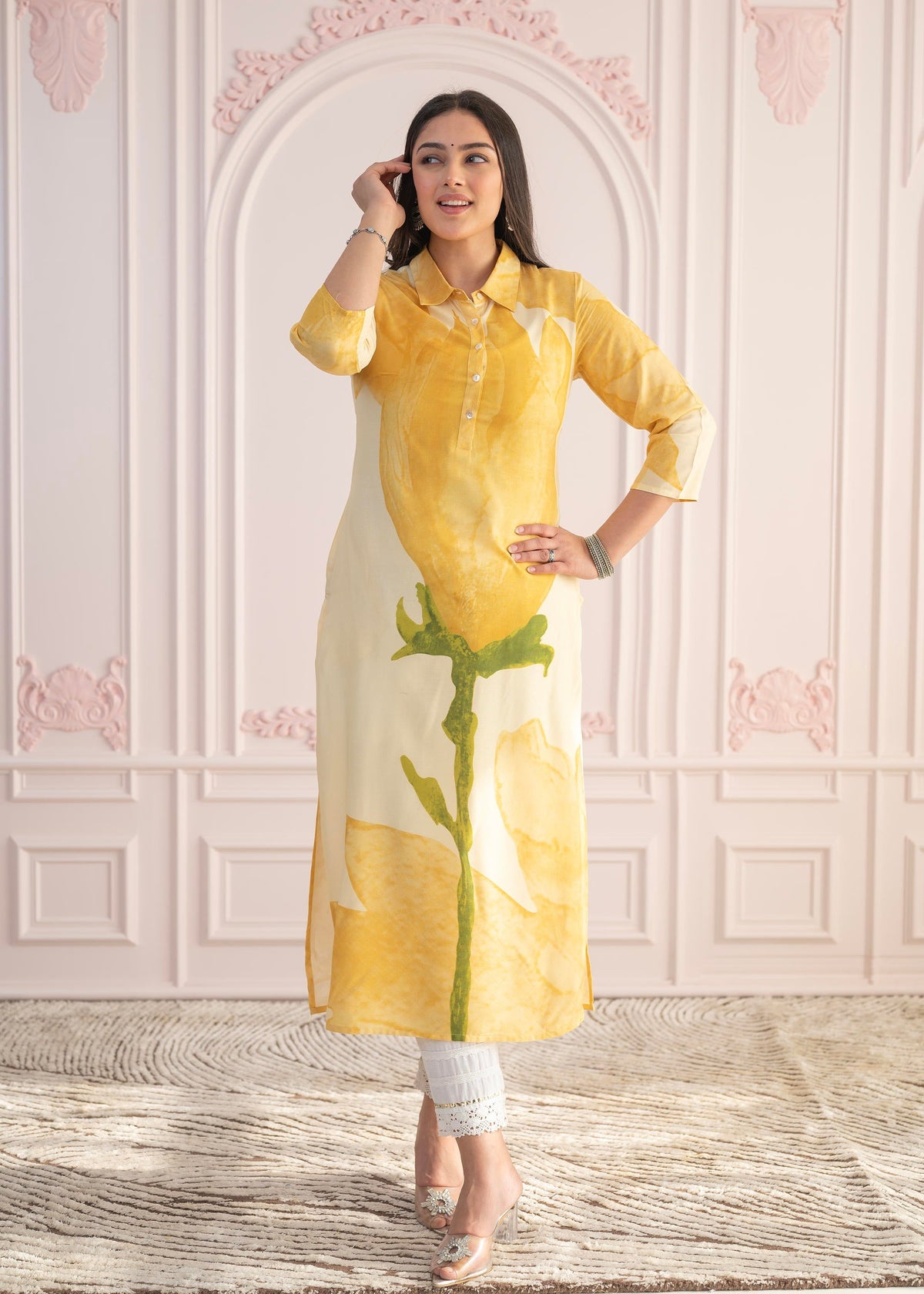 Juniper Yellow Floral Printed Viscose Kurta With Button Details