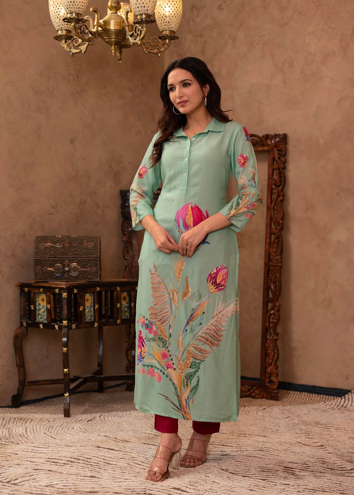 Juniper Mint Floral Printed Viscose Kurta With Shell Buttons