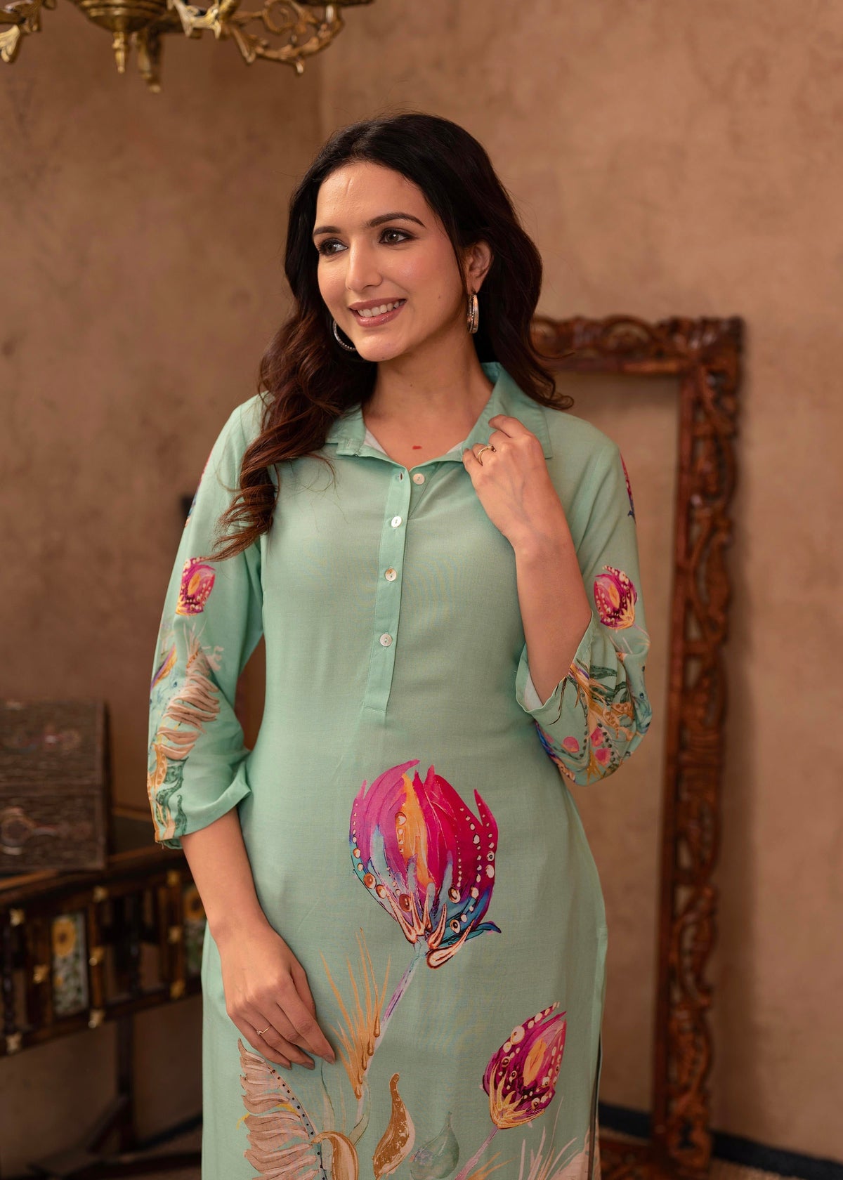 Juniper Mint Floral Printed Viscose Kurta With Shell Buttons
