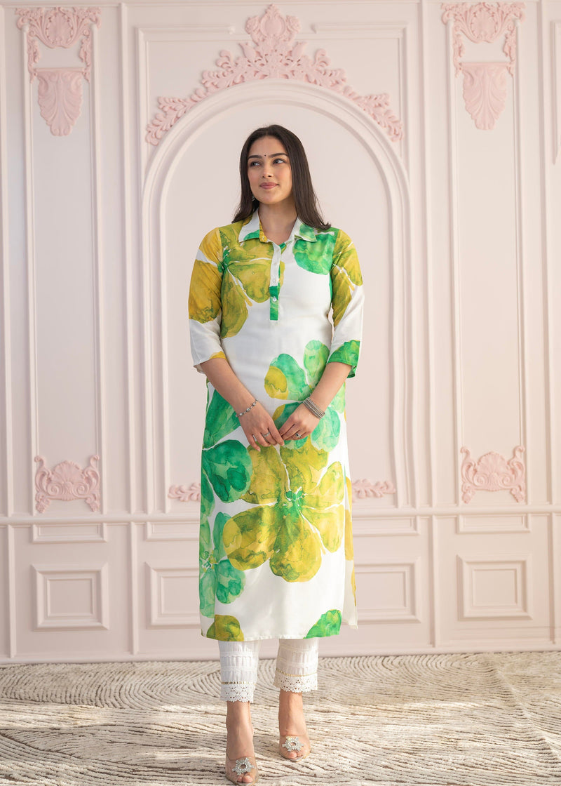 Juniper Green Floral Printed Viscose Kurta With Button Closure
