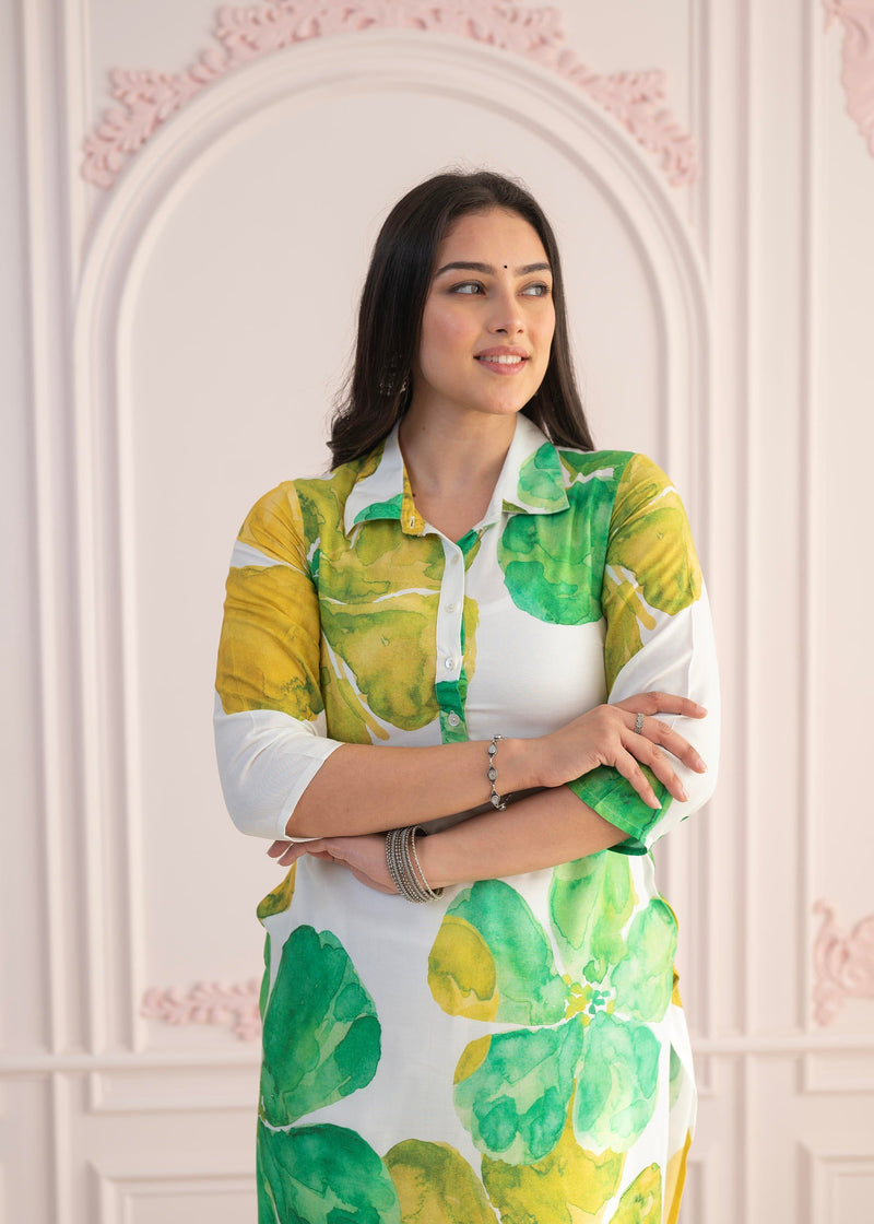 Juniper Green Floral Printed Viscose Kurta With Button Closure
