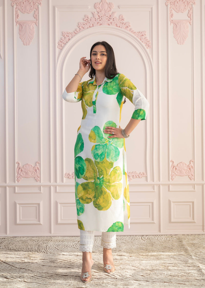 Juniper Green Floral Printed Viscose Kurta With Button Closure