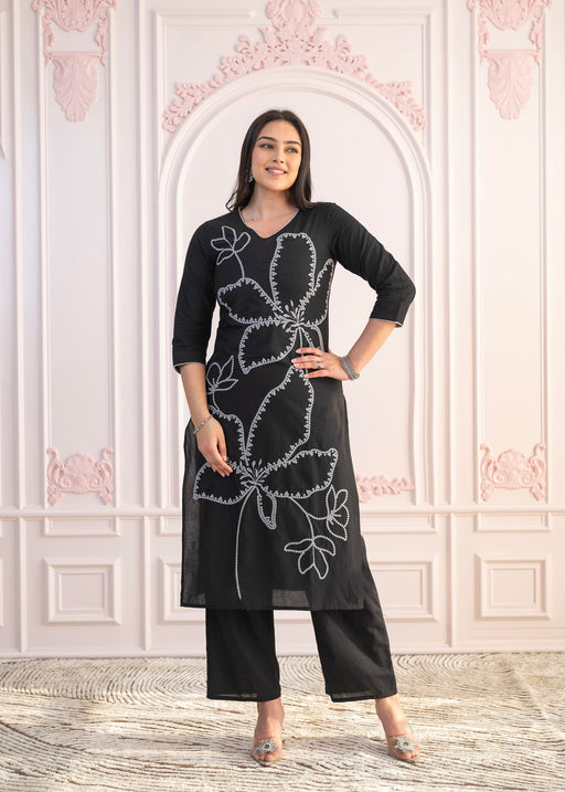 Juniper Black Floral Embroidered Cotton Slub Kurta With Palazzo