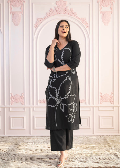 Juniper Black Floral Embroidered Cotton Slub Kurta With Palazzo