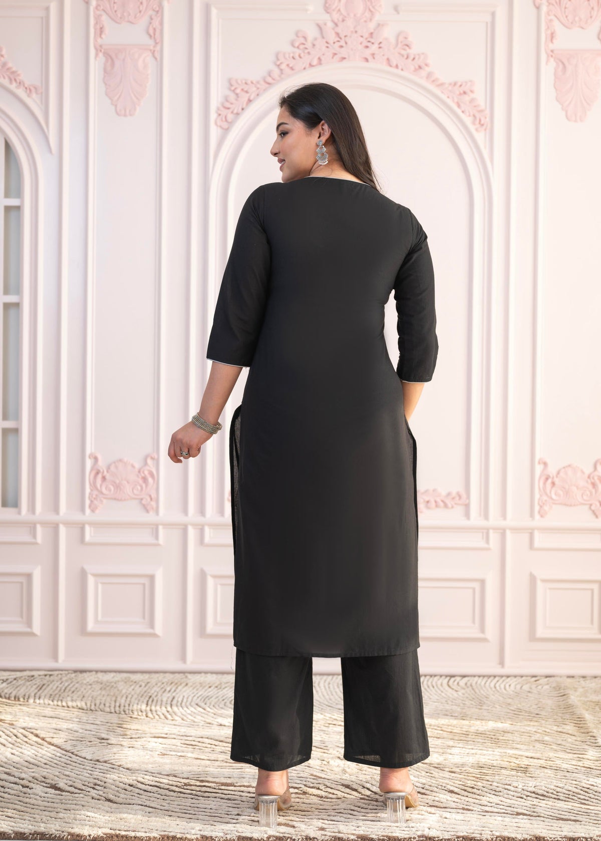 Juniper Black Floral Embroidered Cotton Slub Kurta With Palazzo