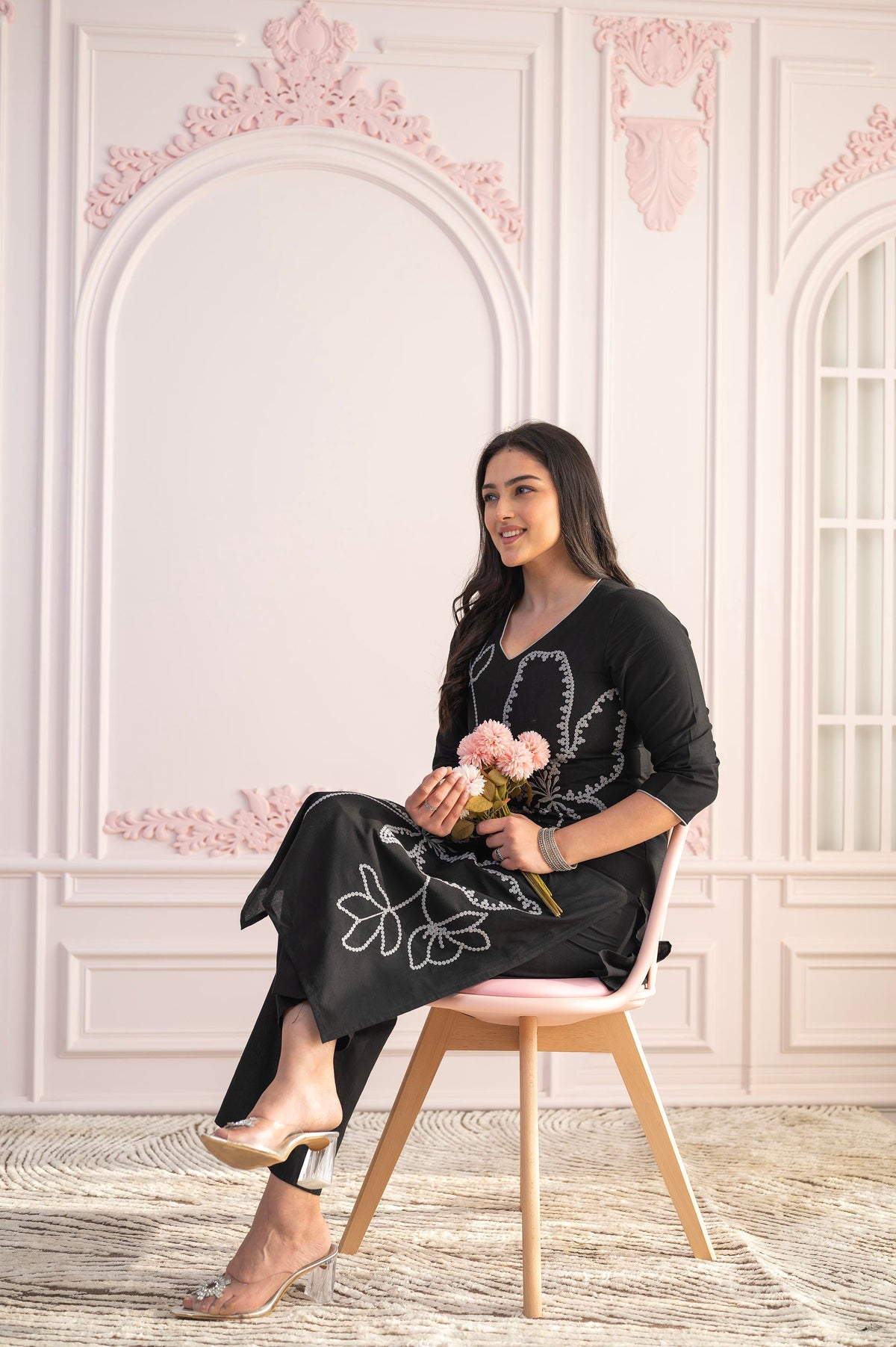 Juniper Black Floral Embroidered Cotton Slub Kurta With Palazzo