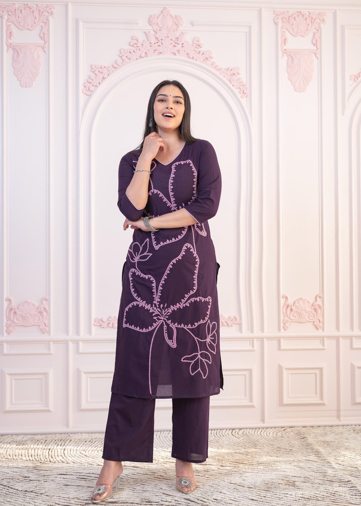 Juniper Purple Floral Embroidered Cotton Kurta With Palazzo