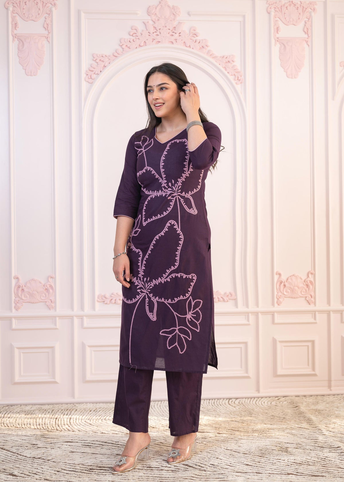 Juniper Purple Floral Embroidered Cotton Kurta With Palazzo