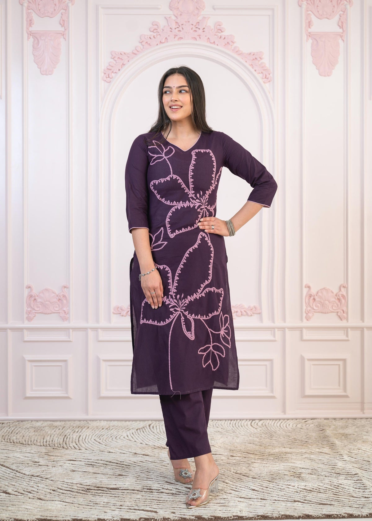 Juniper Purple Floral Embroidered Cotton Kurta With Palazzo