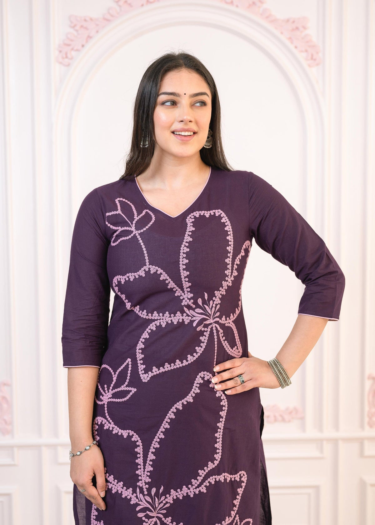 Juniper Purple Floral Embroidered Cotton Kurta With Palazzo