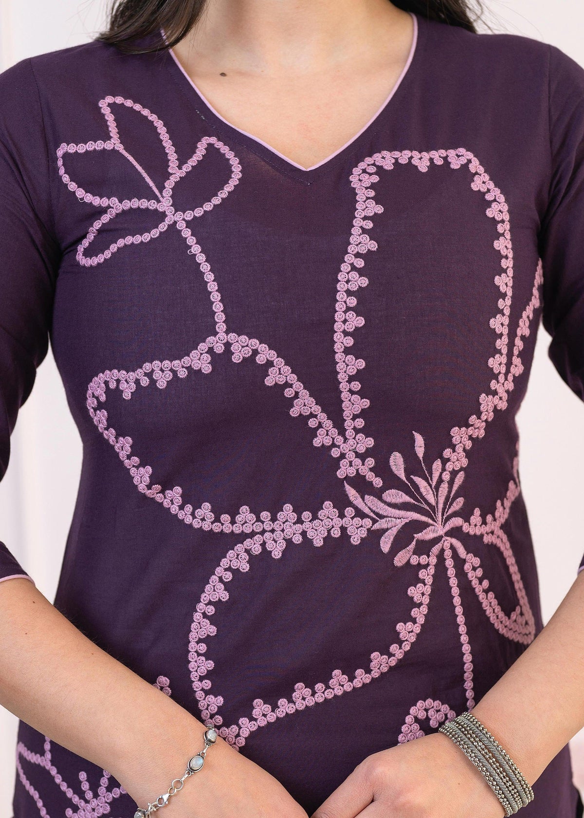 Juniper Purple Floral Embroidered Cotton Kurta With Palazzo