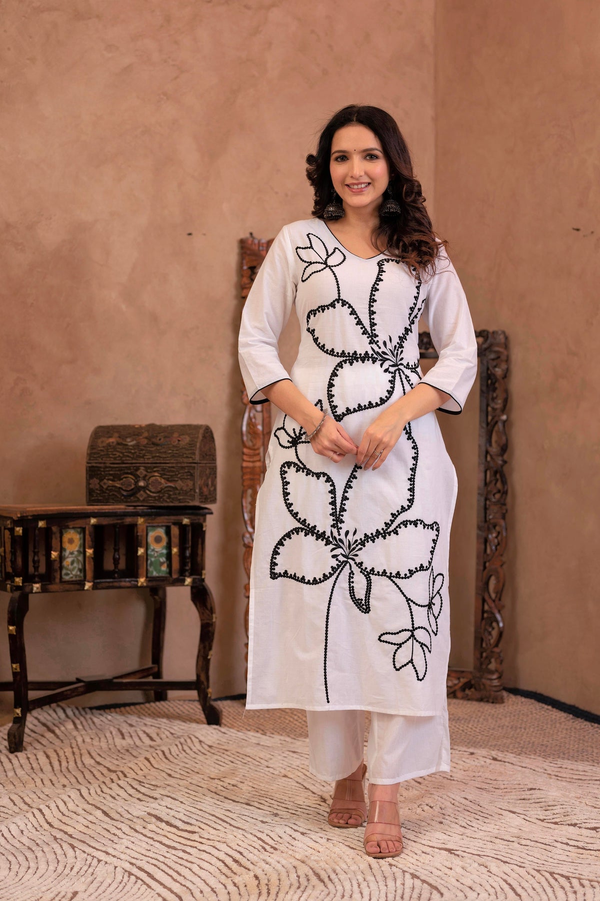 Juniper White Floral Embroidered Cotton Kurta With Palazzo