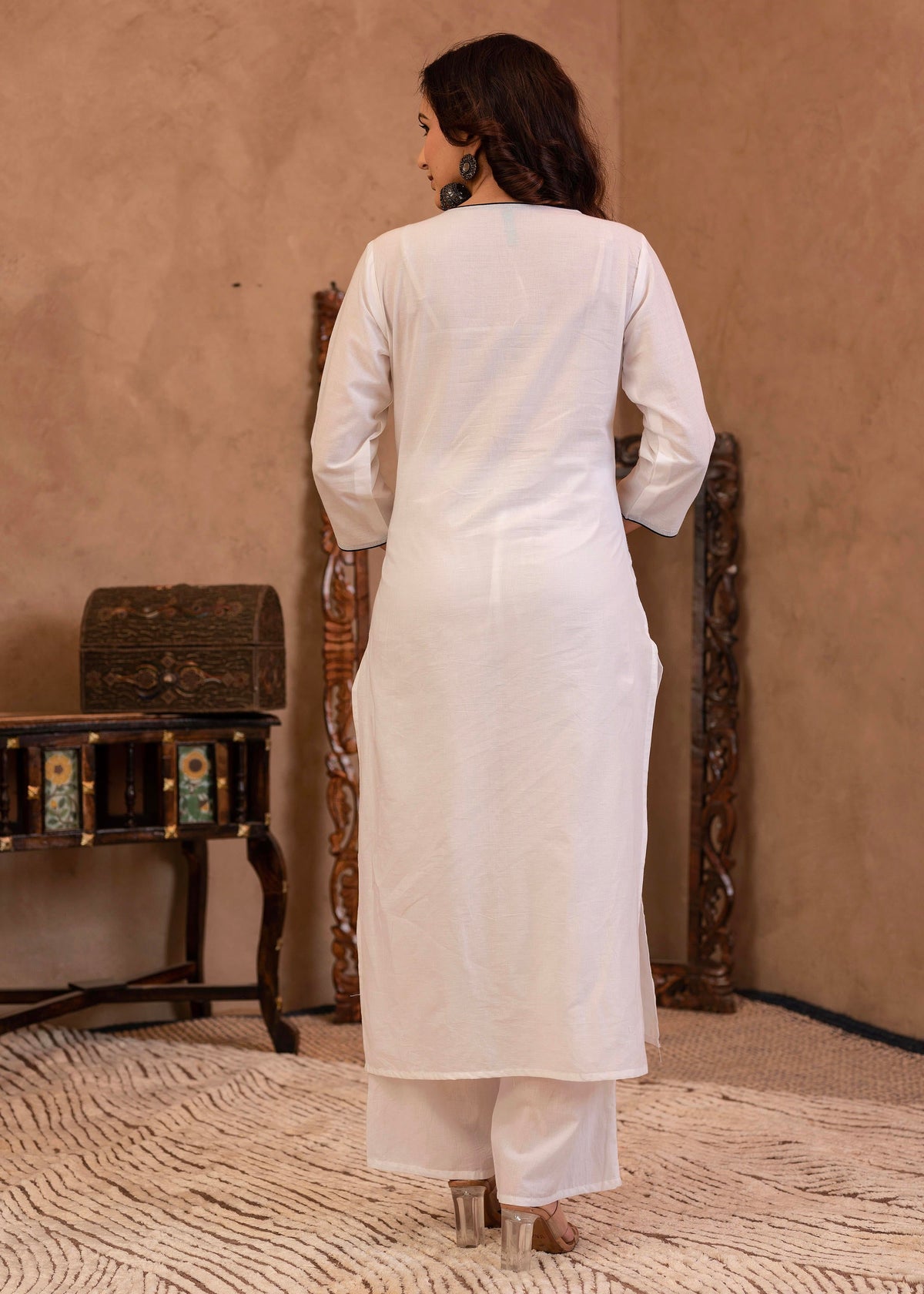 Juniper White Floral Embroidered Cotton Kurta With Palazzo