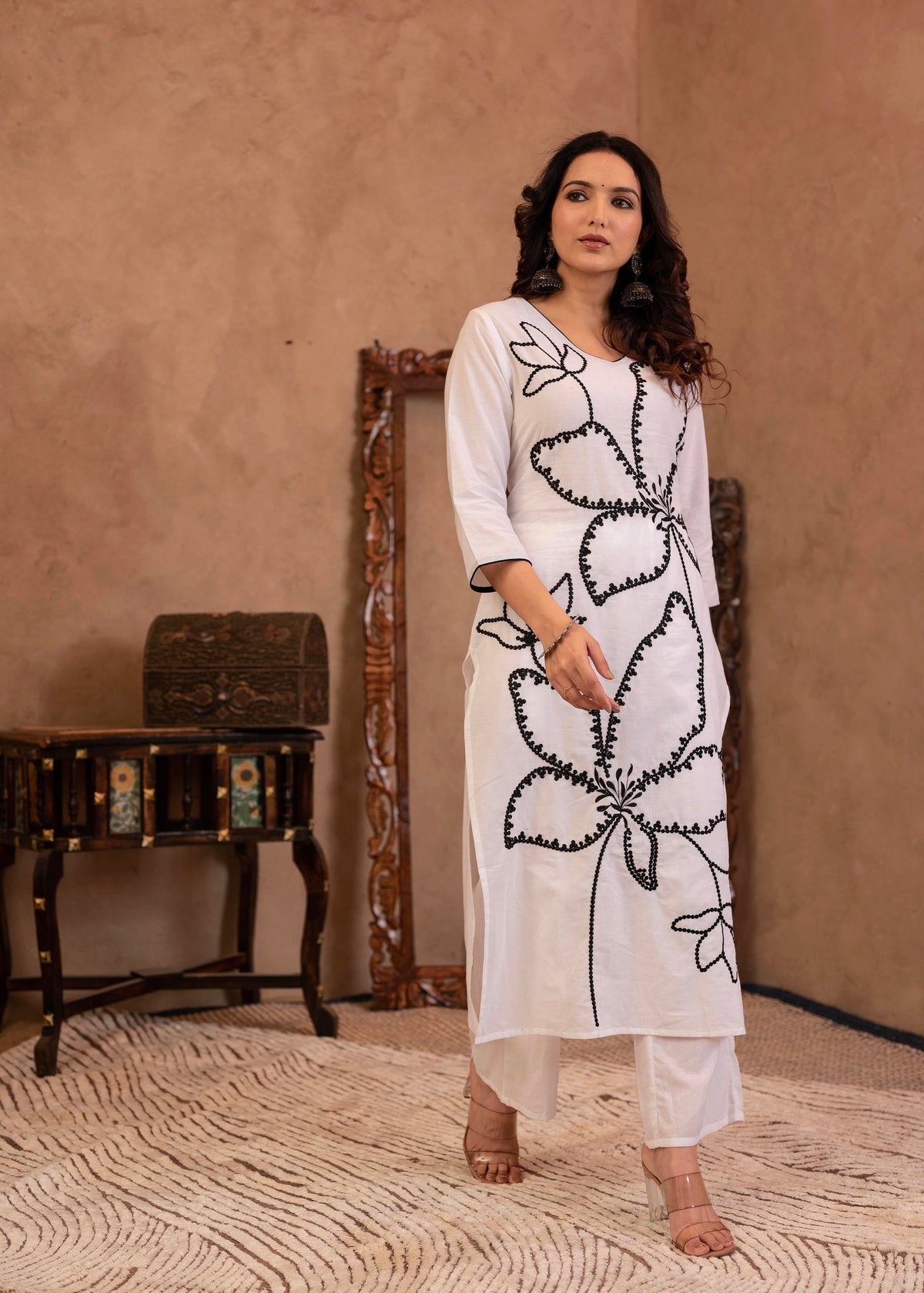 Juniper White Floral Embroidered Cotton Kurta With Palazzo
