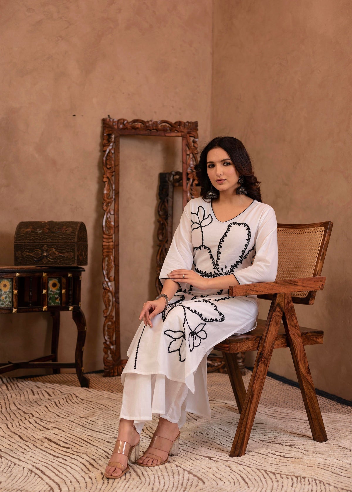 Juniper White Floral Embroidered Cotton Kurta With Palazzo